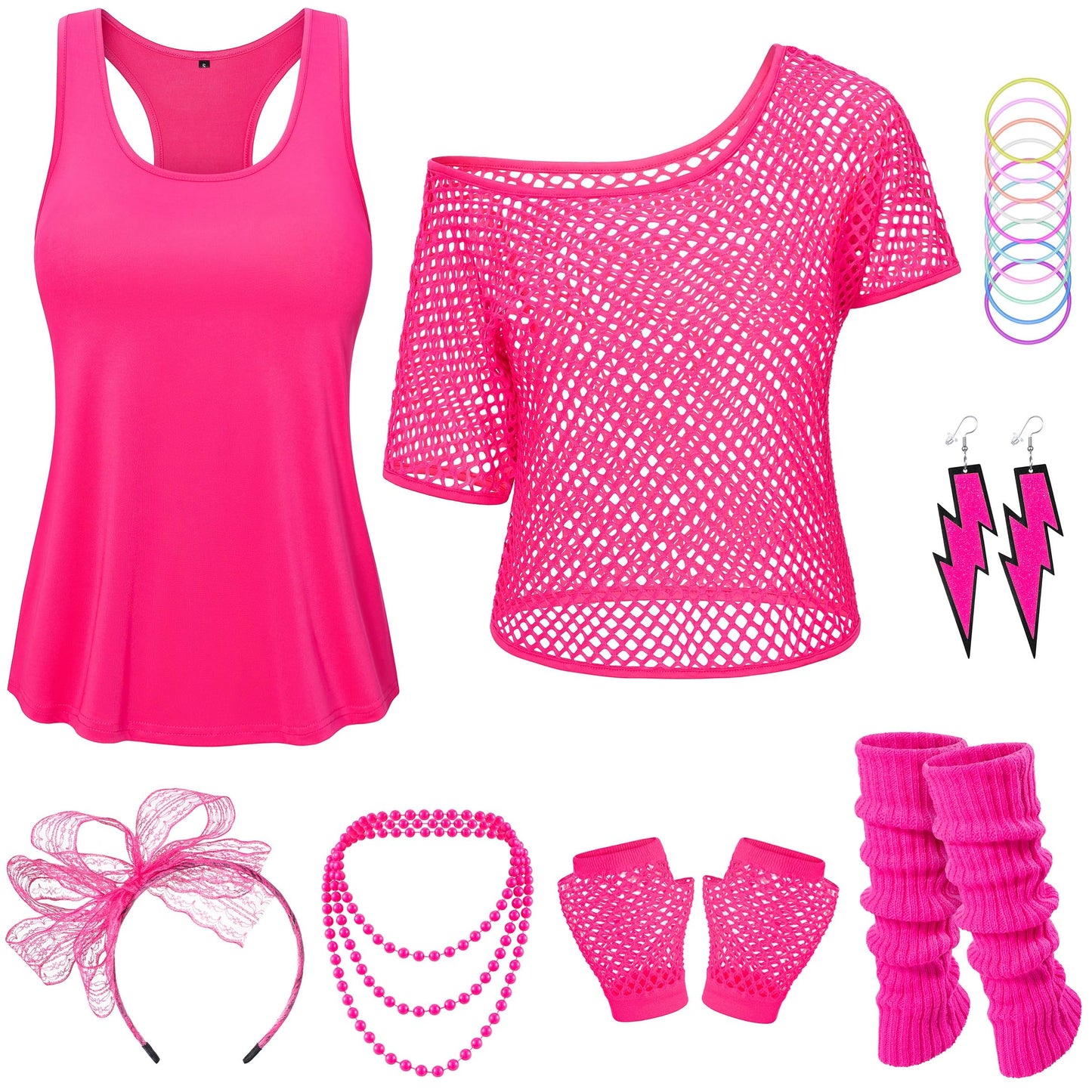 Yuriko 80s Outfit Party Costumes Fishnet Neon Off Shoulder T-Shirt Two Pieces With Fancy Dress Costume Accessories(Pink 2XL)