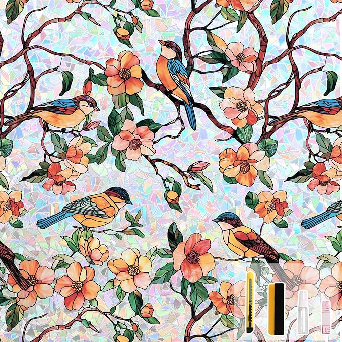 Kromapolis Window Privacy Film, Stained Glass Sticker Floral Window Clings, Decorative Static Clings UV Blocking Colorful Decals, Removable Vinyl Covering Rainbow Camellia, 23.6'' x 157.4''