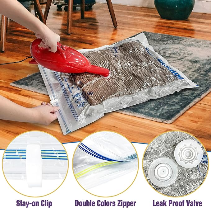 HIBAG Vacuum Storage Bags, 10-Pack Vacuum Seal Bags for Clothing Clothes, Space Saver Bags (2 Jumbo, 2 Large, 2 Medium, 2 Small, 2 Roll-up) with Pump (10-Combo)