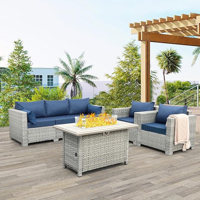 WAROOM Patio Furniture Set 4 Piece Wicker Conversation Sets PE Rattan Chair Outdoor Couch Sectional Sofa with Fire Pit Table, Navy Blue Cushion