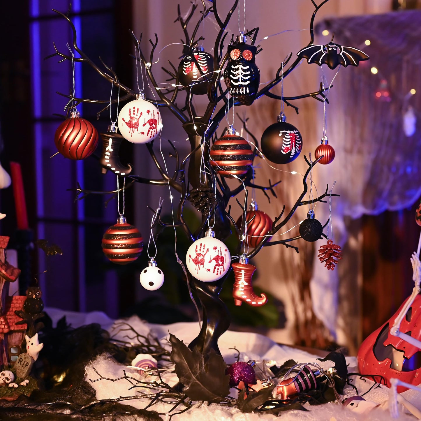 Valery Madelyn Halloween Ornaments Tree Decorations Indoor, 40ct Medium Variety Shatterproof Scary Skeletons Owl Bats Hanging Ball Ornaments Set for Small Tree, Spooky Holiday Party Home Decor
