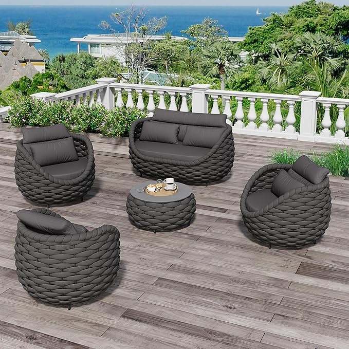 Erotr Fully Assembled Patio Furniture Set: 5 Pieces Woven Rope Outdoor Conversation Set Cushioned - Modern Metal Deck Loveseat Chair Table Set - Porch Seating For Yard Garden Poolside Hotel, Dark Grey