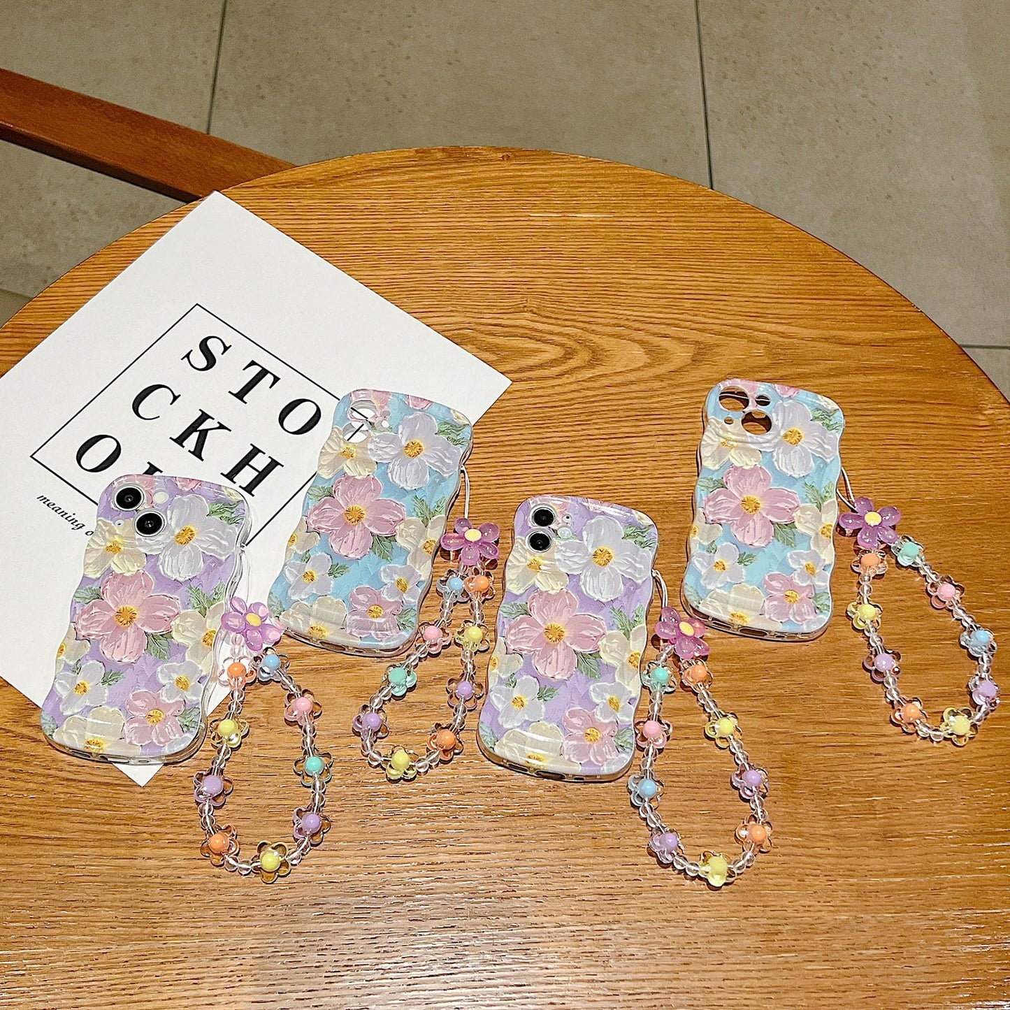 For Iphone 13 Mini Curly Wavy Case, Cute Colorful Retro Oil Painting Flower Glossy Pattern [With Bead Chain], Slim Fit Shockproo