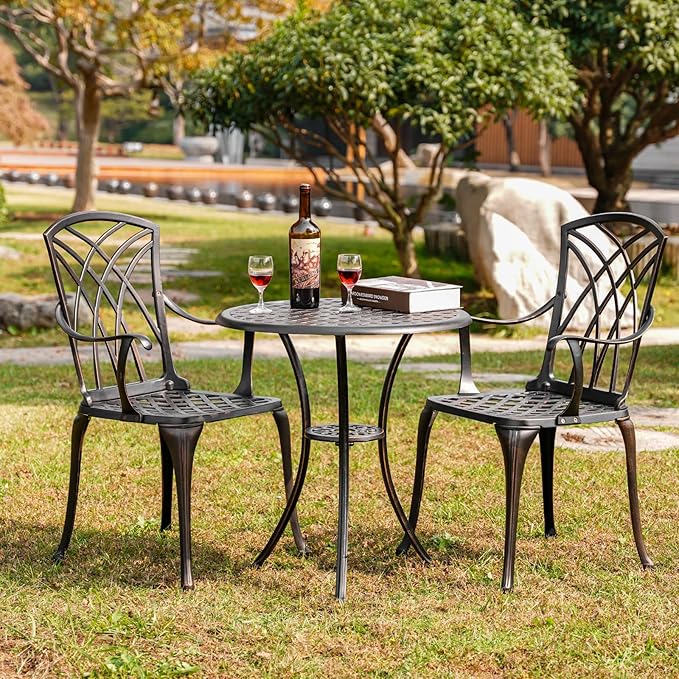 Withniture 3 Piece Bistro Patio Set Cast Alumiunm Patio Furniture Set,All Weather Bistro Table and Chairs Set of 2 with 1.97" Umbrella Hole,Outdoor Patio Bistro Sets for Garden（Antique Bronze）