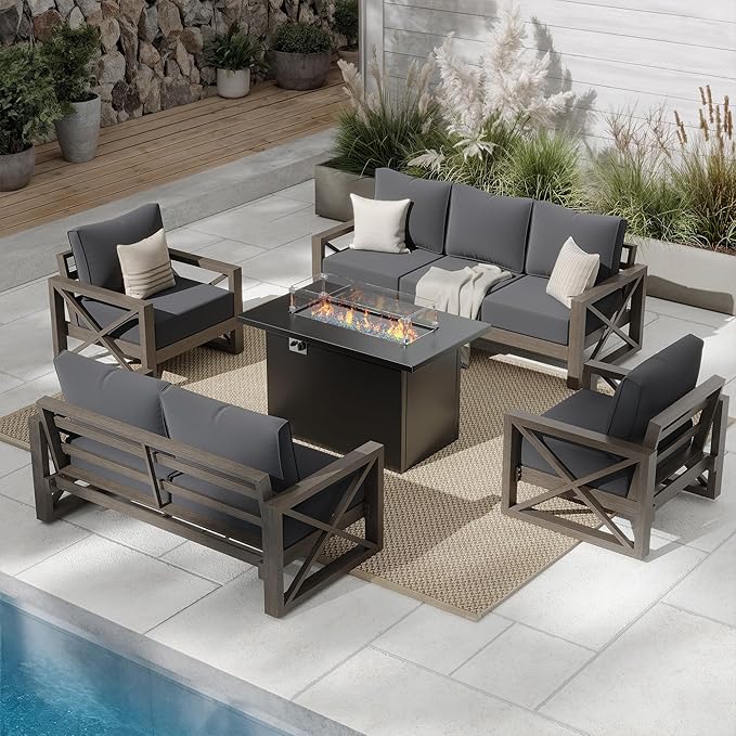 UDPATIO 5 Piece Aluminum Patio Furniture Set with Fire Pit Table,Faux Wood Patio Conversation Set with Olefin Fabric Thick Cushions, Aluminum Outdoor Furniture, 600D Waterproof Cover Included, Grey