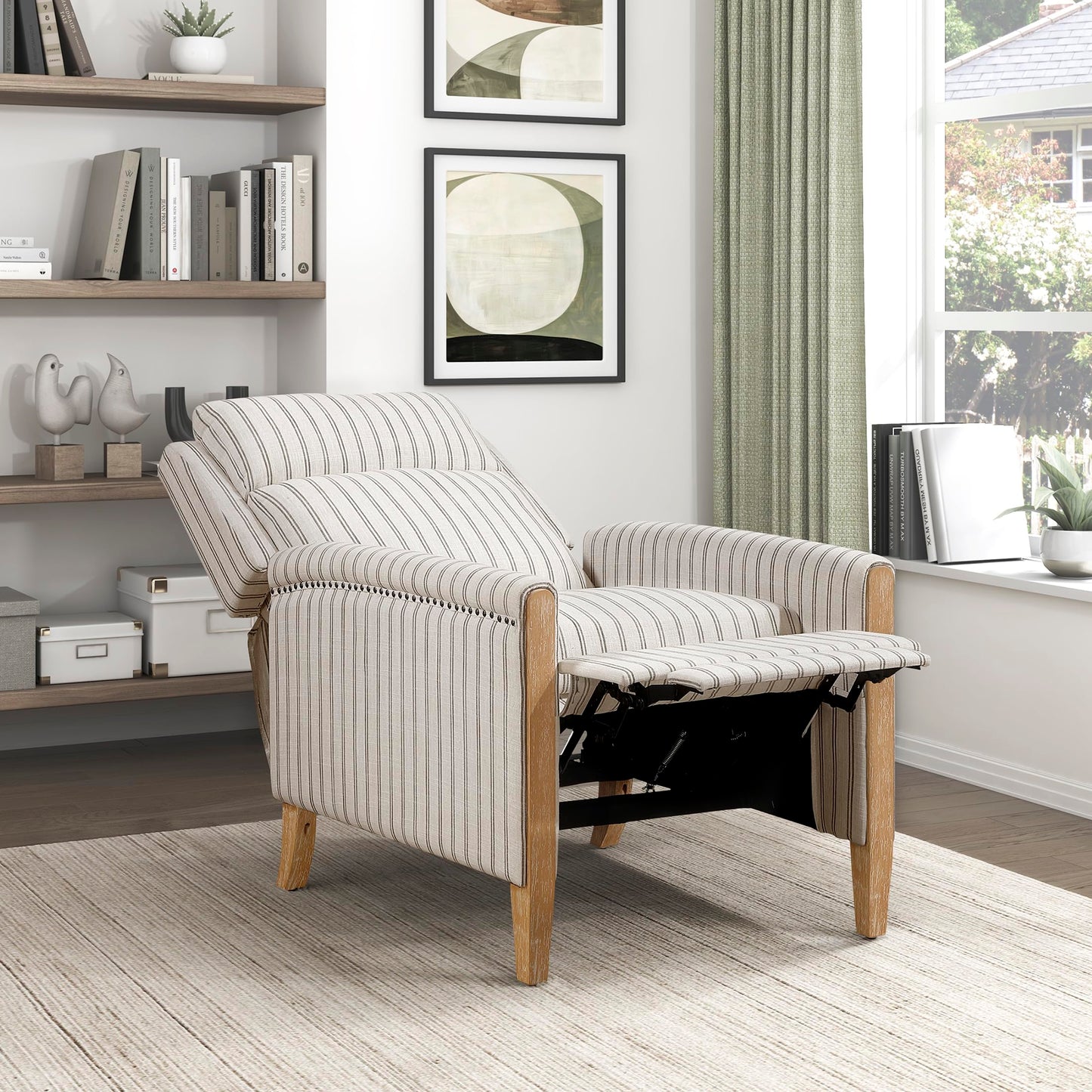 Lexicon Pushback Recliner Chair, Striped Textured Fabric Accent Armchair, Push Back Recliner, Nailhead Trim, Solid Wood Legs, Easy Assembly for Living Room/Office/Apartment, White/Grey