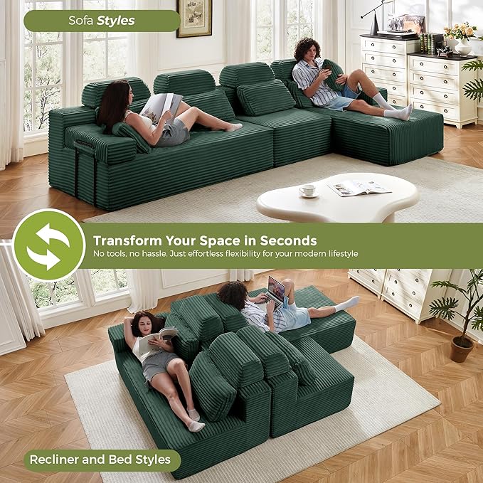 136" L-Shaped Cloud Modular Sectional Sofa with Chaise & Headrest, Boneless Deep Seat Plush Corduroy Couches for Large Living Room, No Assembly Required (Green, 136" L-shapred Chaise)