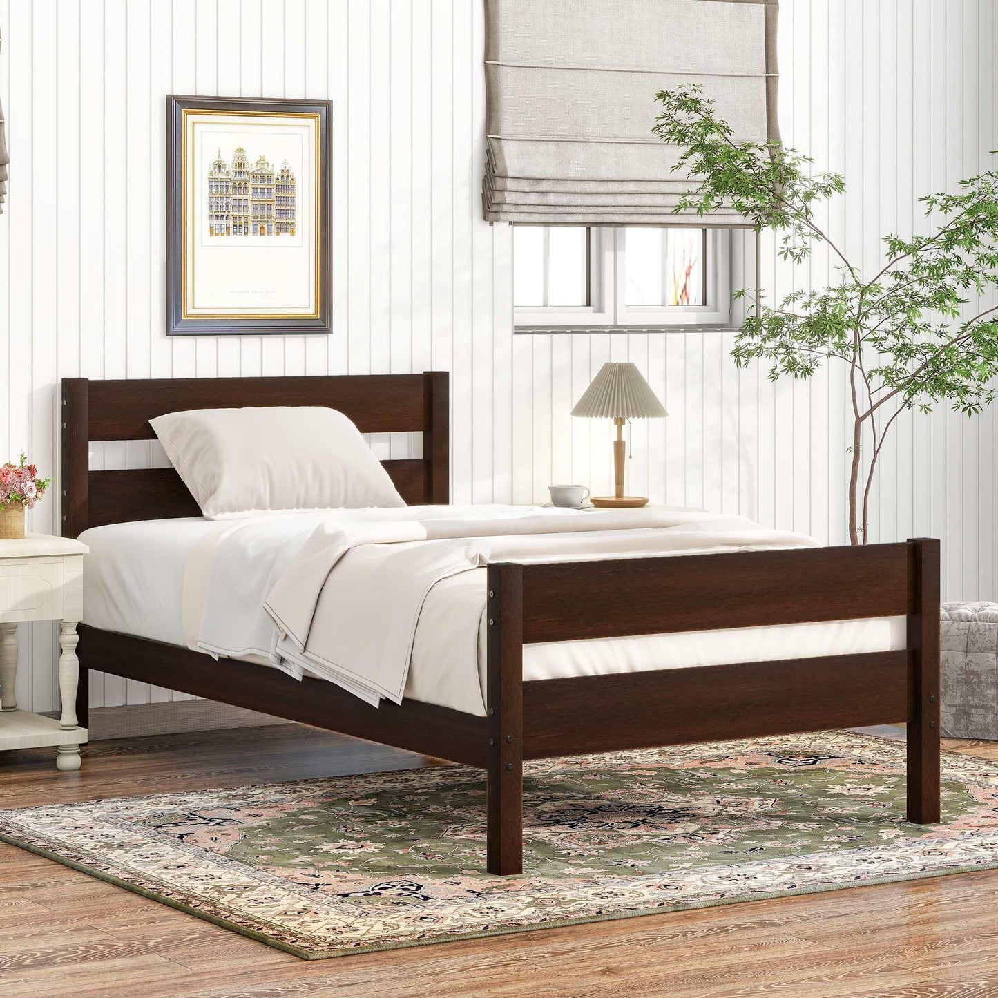 Twin Size Bed Frame with Headboard and Footboard for Kids, Farmhouse Wood Platform Bed with Storage and Slat Support, No Box Spring Needed, Espresso