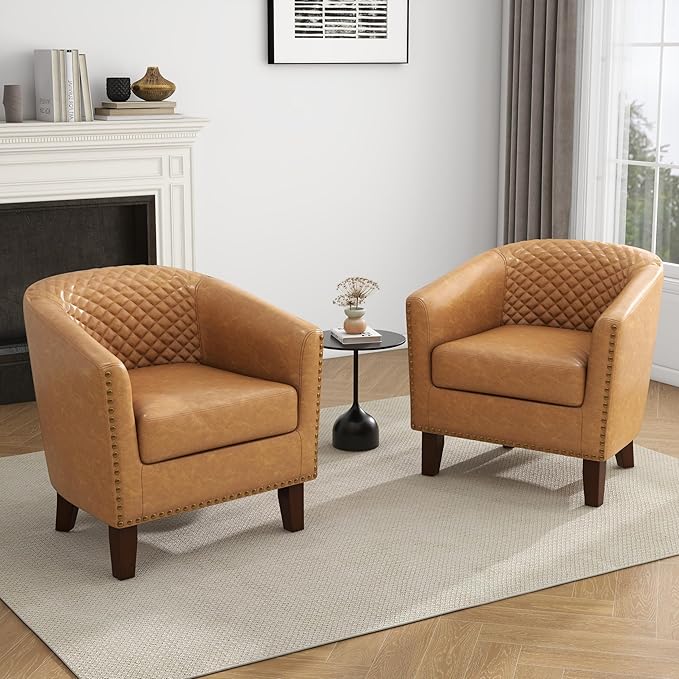 UIXE Faux Leather Accent Chairs Set of 2, Barrel Club Chair Upholstered Armchair for Living Room, Comfy Modern Round Arm Chair Bedroom Side Reading Seat - Coffee Brown