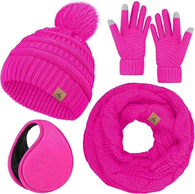 Winter Hat Scarf Gloves and Ear Warmer, Warm Knit Beanie Hat Touch Screen Gloves Set Winter Gifts Neck Scarves for Women