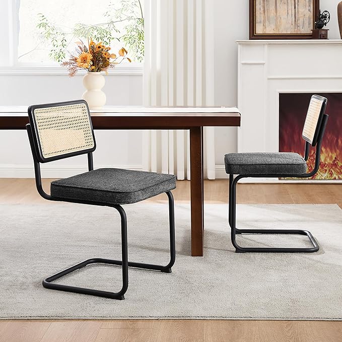 Zesthouse Natural Rattan Dining Chairs Set of 2, Mid Century Modern Dining Chairs with Solid Wood Back & Black Matte Base for Kitchen, Breuer Design Inspired, Upholstered Linen Fabric, Dark Grey