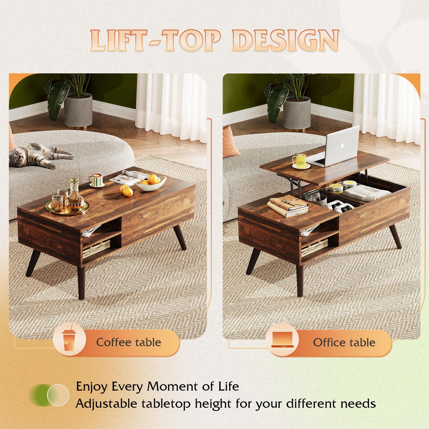WLIVE Lift Top Coffee Table for Living Room,Small Coffee Table with Storage, Adjustable Shelf and Storage Compartment, Mid Century Modern Living Room Table, Wood, Rustic Brown
