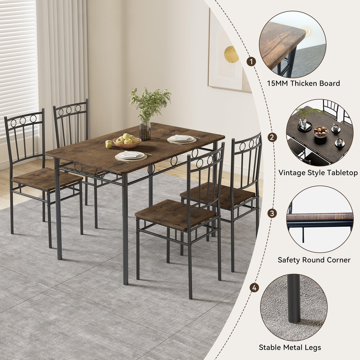 AMICLIBER Dining Table Set for 4, 5-Piece Kitchen Table and Chairs, Rectangular Dining Room Table Set with 4 Chairs, Space-Saving Kitchen Table Set for Small Space,Dinette,Apartment,Retro Brown