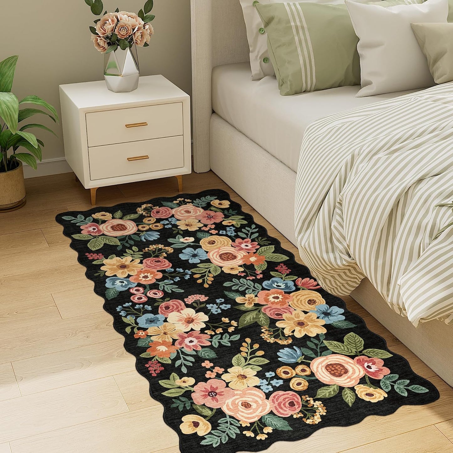 DUKINO 2x4 Washable Runner Rugs, Non Slip Floral Print Entryway Rug with Soft Low Pile, Lightweight Mat for Living Room, Bathroom, Bedroom, Kitchen, Black