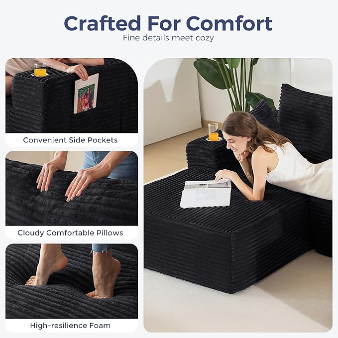 MAXYOYO 132" Giant U-Shaped Modular Sectional Couch, Modern Boneless Couch for Living Room, Sofa in A Box, Oversized Sofa Sleeper with Deep Seat, No Assembly Required, Black