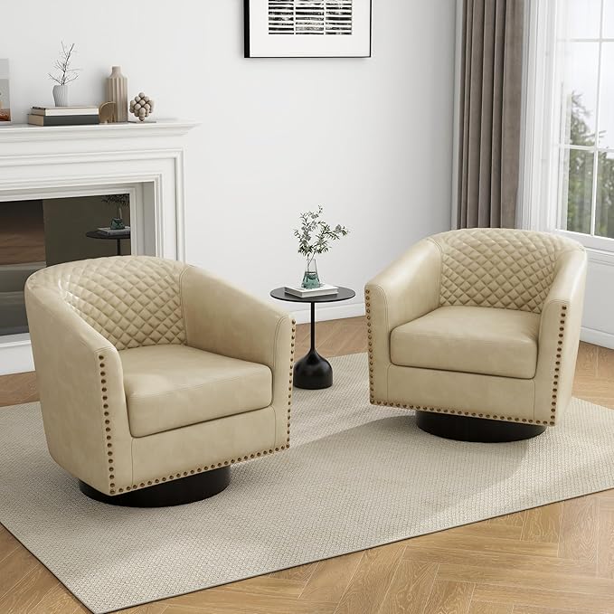 UIXE Swivel Accent Chairs Set of 4, PU Leather Barrel Club Chair for Living Room, Upholstered Round Armchair Comfy Single Sofa Bedroom Reading Seat - Beige Cream