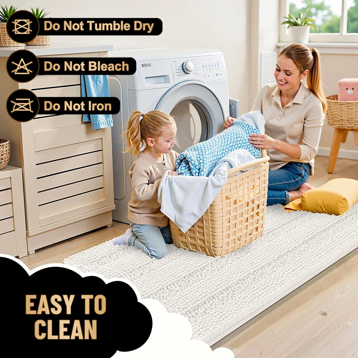OLANLY Thick Bathroom Rugs 24x16, Extra Soft Absorbent Chenille Striped Bath Rugs, Rubber Backing, Machine Wash Dry, Bath Mats for Bathroom Floor, Tub and Shower, Home Decor Accessories, Ivory