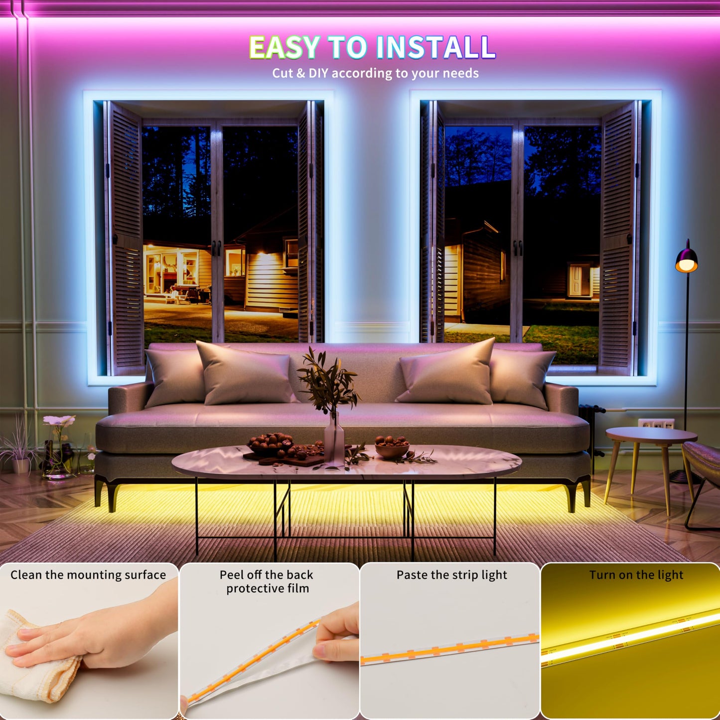 PAUTIX 5V USB COB RGB LED Strip Light 9.84ft/3m Color Changing Light Strips,TV Backlight Multicolor Flexible Under Cabinet Tape Lights with Bluetooth Control for Bedroom,Kitchen,Home DIY Lighting
