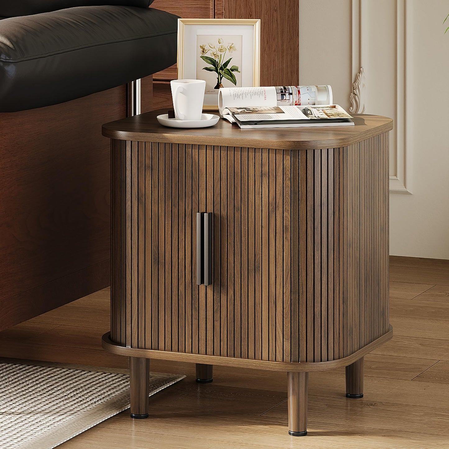 Espelism Fluted End Table with Sliding Tambour Door, Mid-Century Modern Bedside Table with Storage, Small Nightstand for Bedroom Living Room Side Table