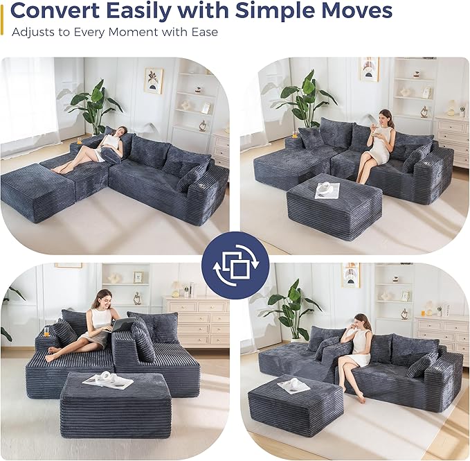 MAXYOYO 104" U-Shaped Modular Sectional Couch, Modern Boneless Couch for Living Room, Sofa in A Box, Oversized Sofa Sleeper with Deep Seat, No Assembly Required, Dark Grey