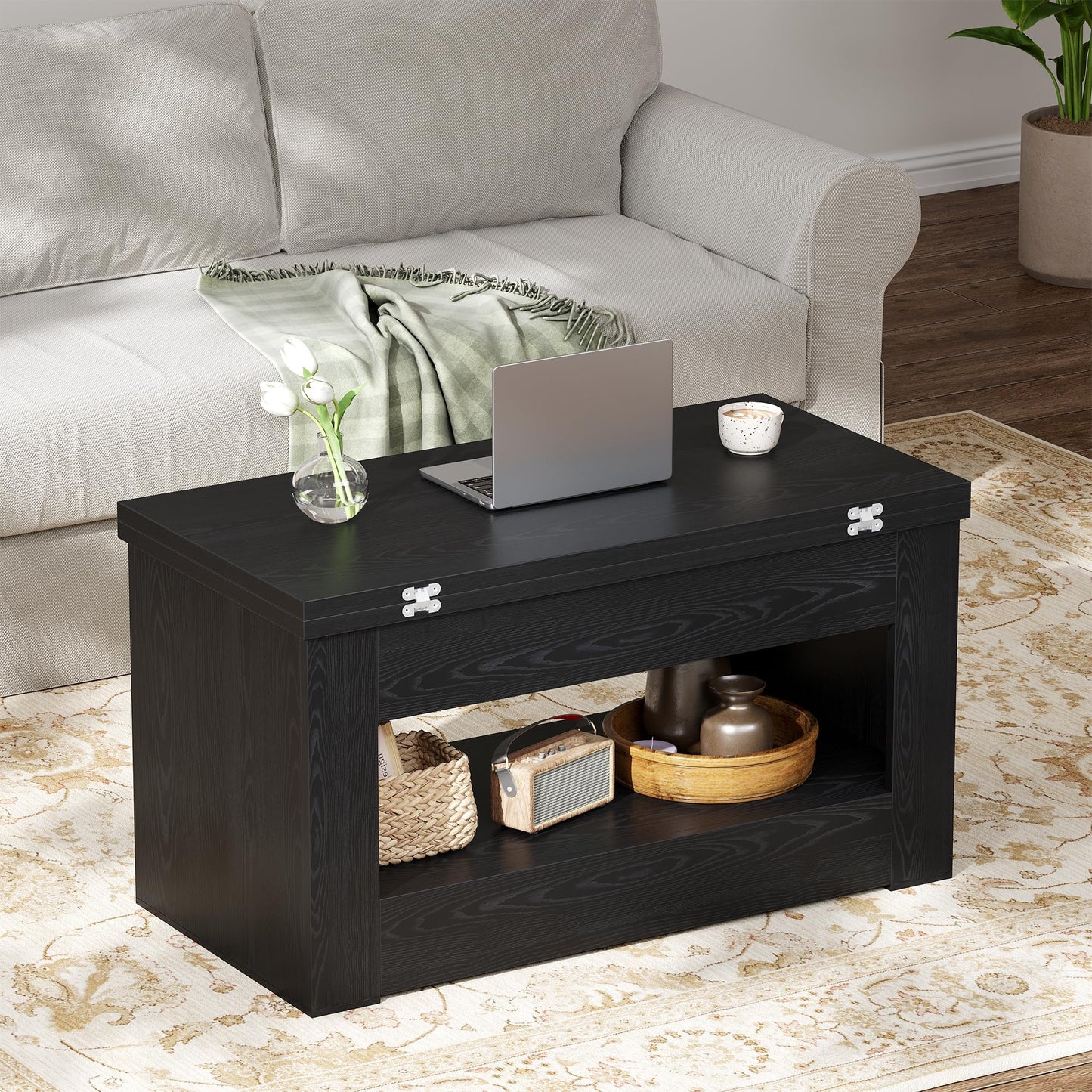 UNIQUITE 40" Lift Top Coffee Table, 4 in 1 Multi-Function Lift Coffee Tables with Storage and Hidden Compartment, Convertible Coffee Table to Dining Table for Living Room, Black