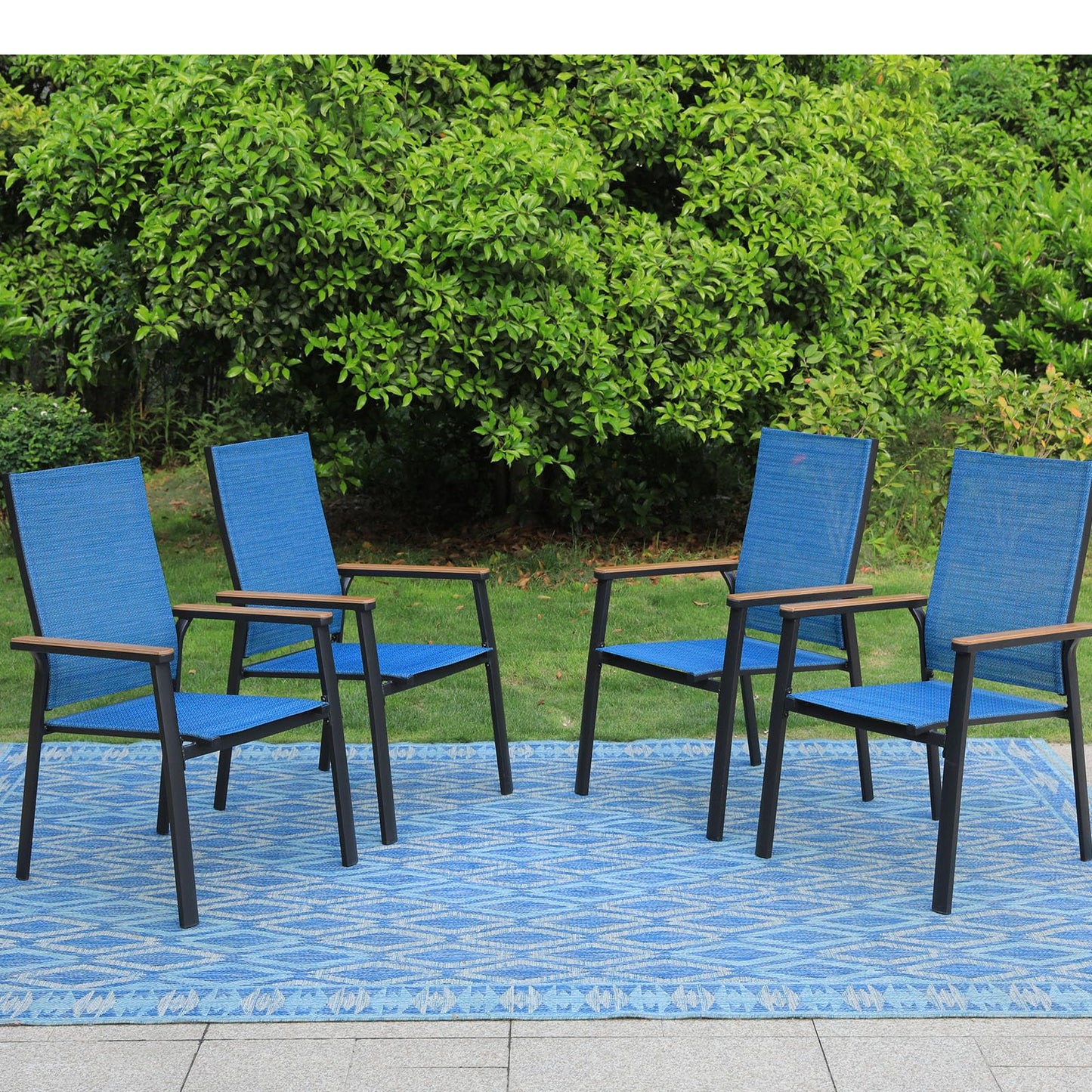 PHI VILLA Outdoor Stackable Chairs, Patio Chairs Set of 2, Light Weight Aluminum Frame with Textilene Fabric & Wood Armrest, High Back Deck Chairs for Poolside Lawn Garden, Blue