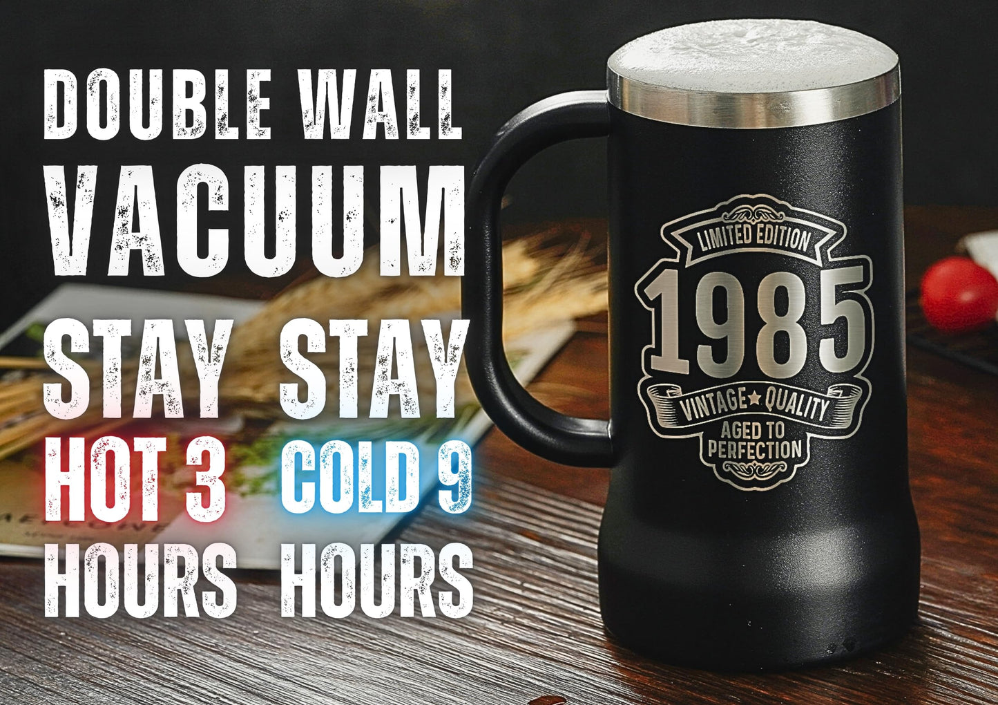 Onebttl 40th Birthday Gifts for Men, Birthday Gifts for Man, 24oz Stainless Steel Beer Stein, Vintage 1985