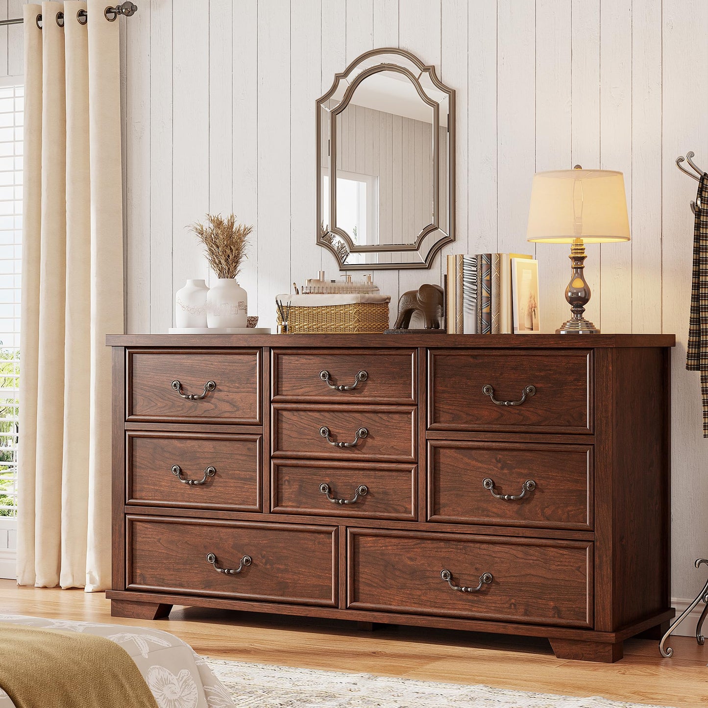 EnHomee Farmhouse 9 Drawer Dresser for Bedroom, 52" Wooden Dresser with Vintage Design, Hallway, 15.6" D x 52" W x 36" H Antique Brown