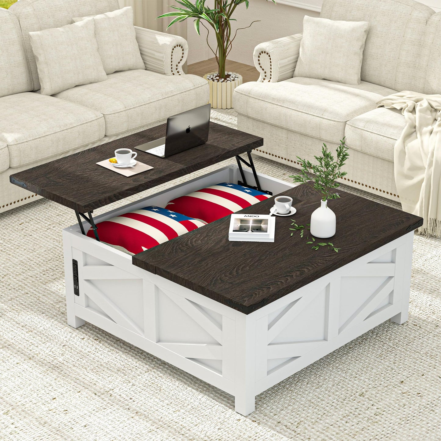TOLEAD 36" Farmhouse Lift Top Coffee Table with Storage, Square Coffee Table with Charging Station, Living Room Center Table with Large Hidden Space, White
