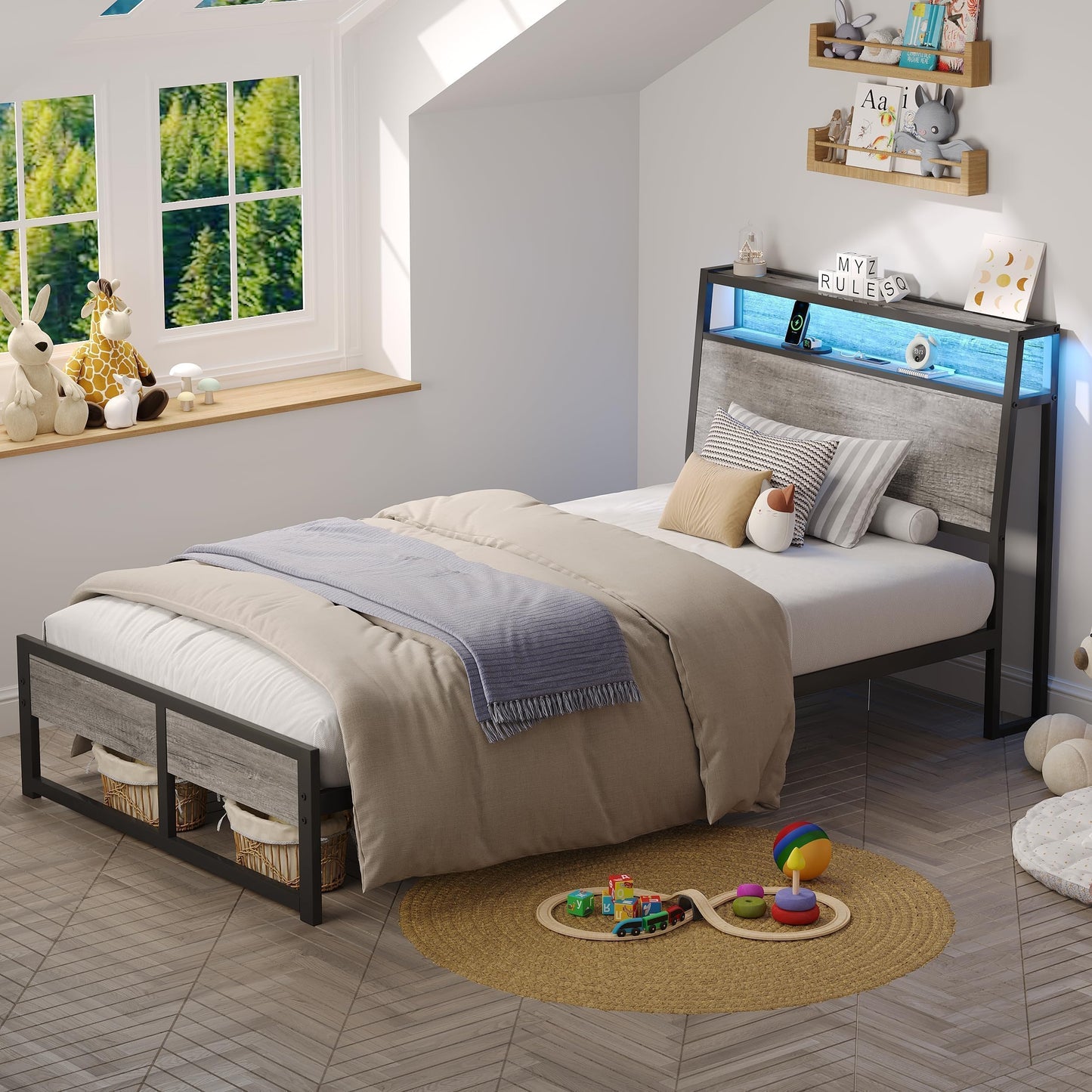 Twin Bed Frame with LED Lights and Charging Station, Twin Size Bed Frames with Ergonomic Storage Headboard, Heavy Duty Metal Slats Support, No Box Spring Needed, Noise-Free, Easy Assembly, Grey