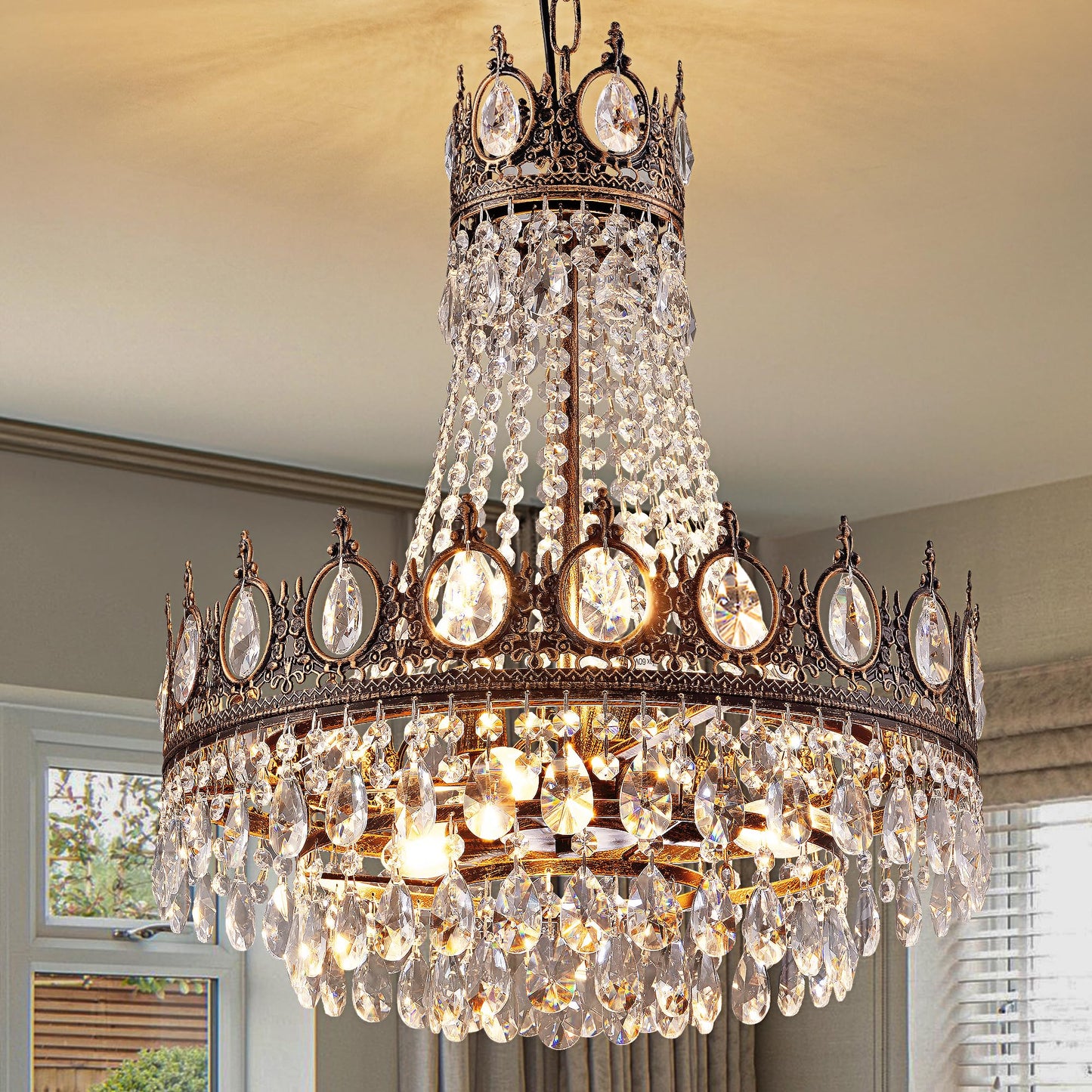TOCHIC French Empire Crystal Chandelier 6-Light Farmhouse Antique Bronze Chandelier Vintage Rustic Ceiling Light Fixture for Dining Living Room, Bedroom, Kitchen Island, Bathroom, Foyer, 19" W