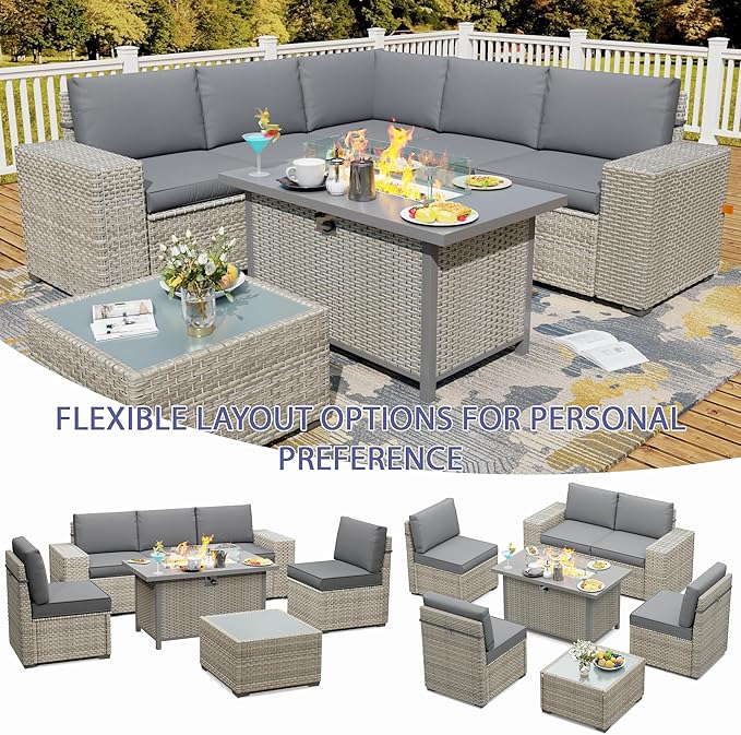 Broivira 7 Piece Patio Furniture Set with 50,000 BTU Rattan Fire Pit Table That Converts to Coffee Table, 9.8" Wide Arm Sectional Sofa with Storage Armrests, Outdoor Rattan Conversation Set, Grey