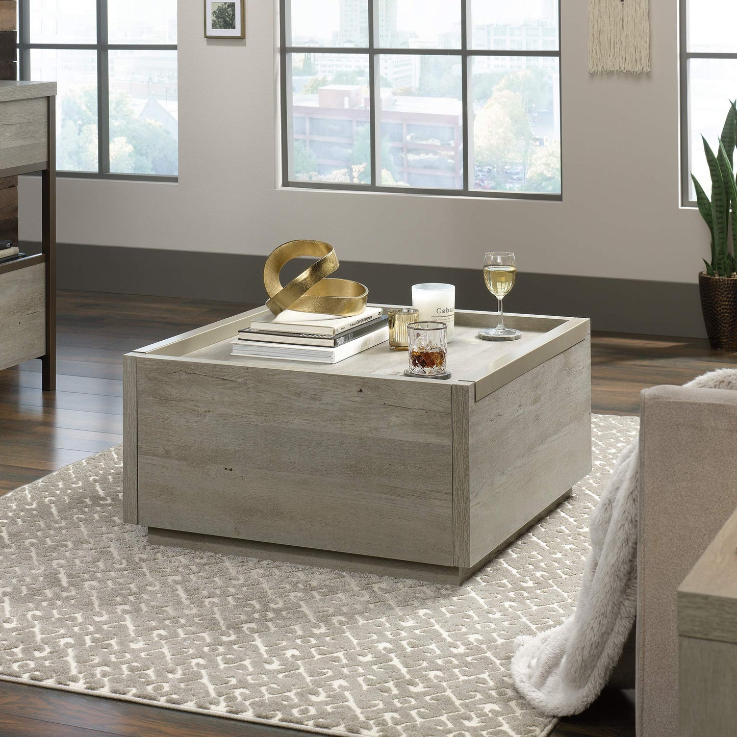 Sauder Manhattan Gate Square Coffee Table, Mystic Oak, 2 Drawers, Modern Farmhouse