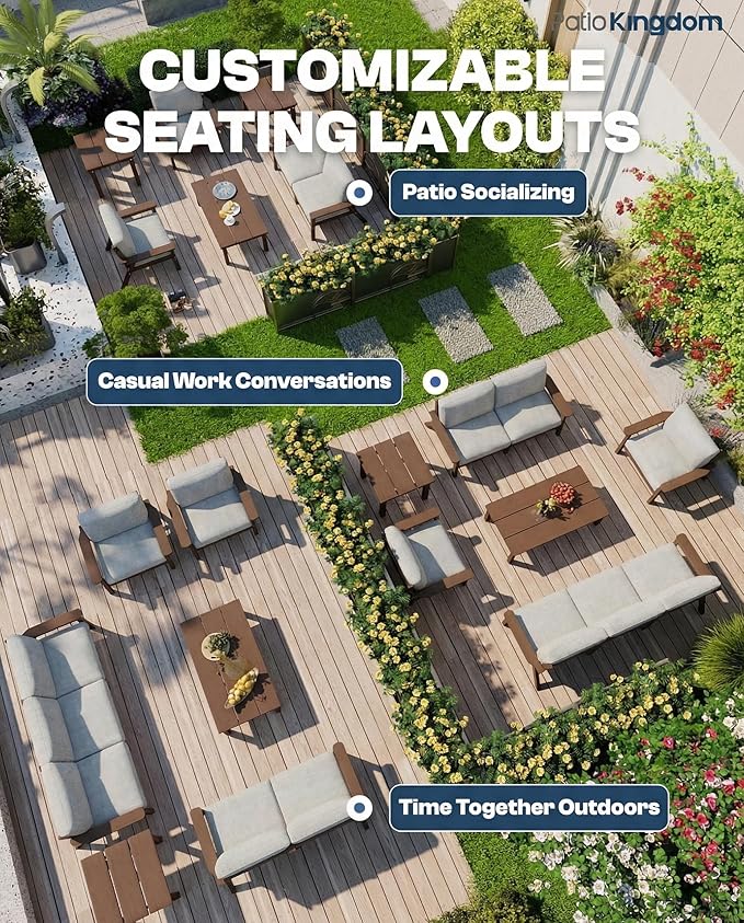 Patio Kingdom 10 Piece Outdoor Patio Furniture Set, Outdoor Couch with Washable Thick Gray Cushions, Coffee Table & Side Table, Patio Conversation Sets for Lawn, Garden, Porch, Balcony (Brown Frame)