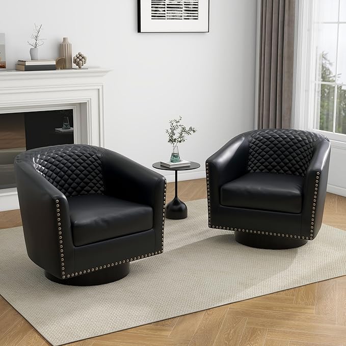 UIXE Swivel Accent Chairs, PU Leather Barrel Club Chair for Living Room, Upholstered Armchair Comfy Single Sofa Bedroom Reading Seat - Black, Set of 2