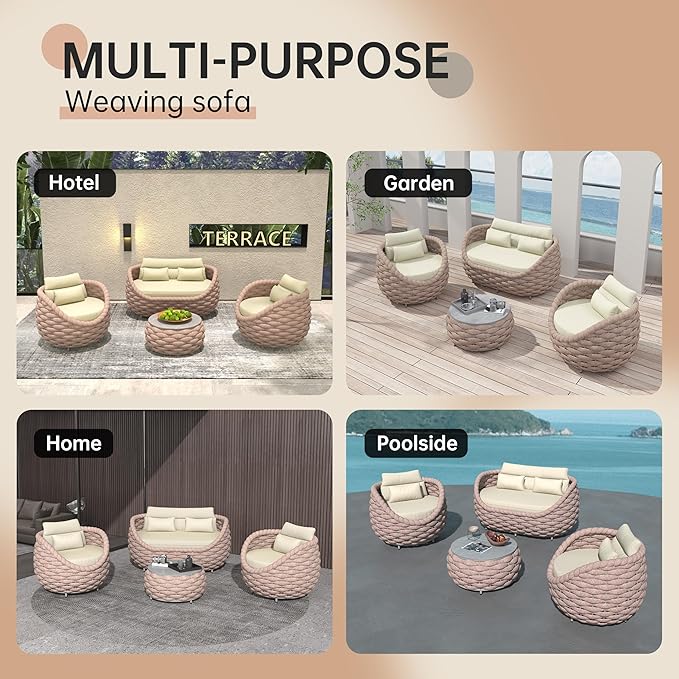 ercimi Outdoor 4 PCS Patio Conversation Set, All-Weather Wicker Patio Couch Sofa with Waterproof Thick Cushion Coffee Table for Porch, Balcony Mocha