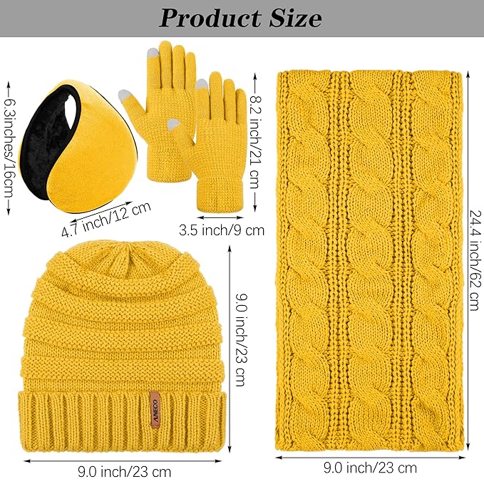 Aneco Winter Warm Sets Knitted Scarf Beanie Hat Touch Screen Gloves and Winter Ear Warmer for Men or Women