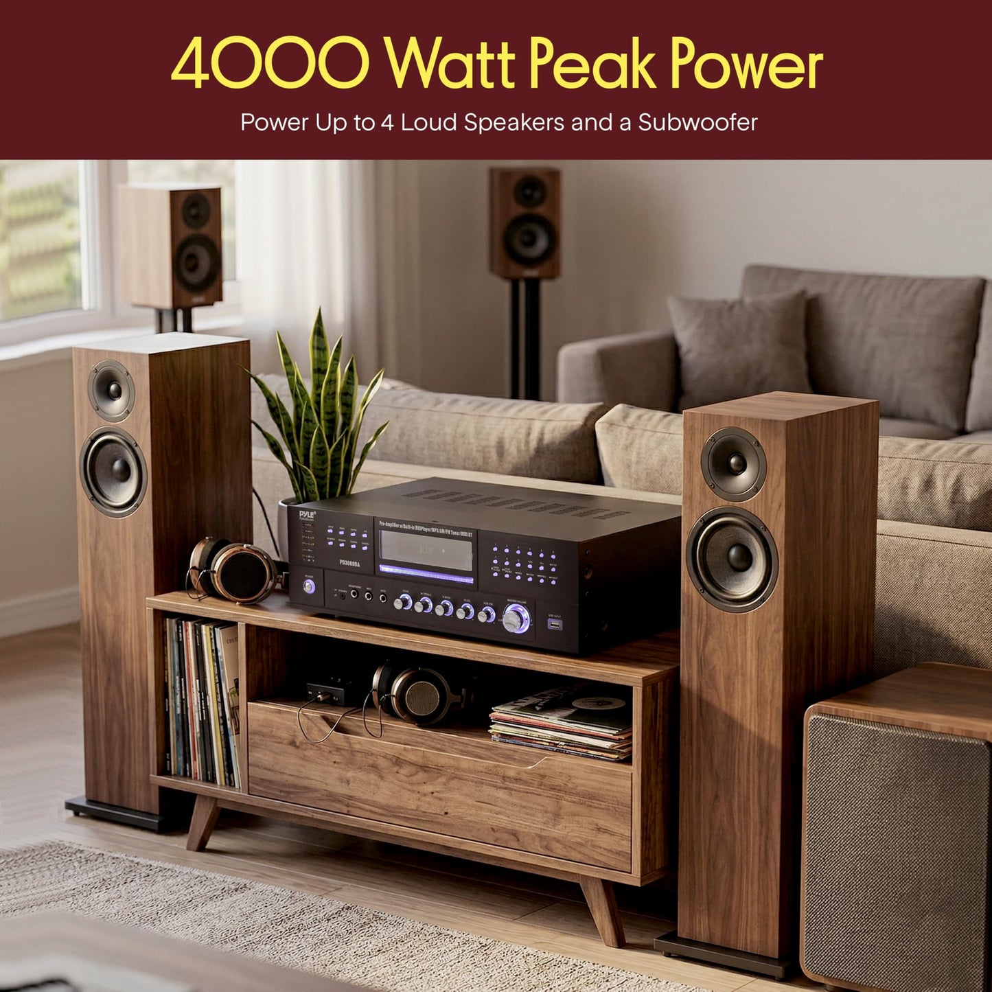 Pyle 4 Channel Bluetooth Home Amplifier - Front Loading DVD/CD Player - 3000W Peak Stereo Receiver - 2 Mic Inputs w/ Echo, FM Radio,Optical In,USB,RCA,Composite, LED Level Meter, Rack Mount - PD3000BA