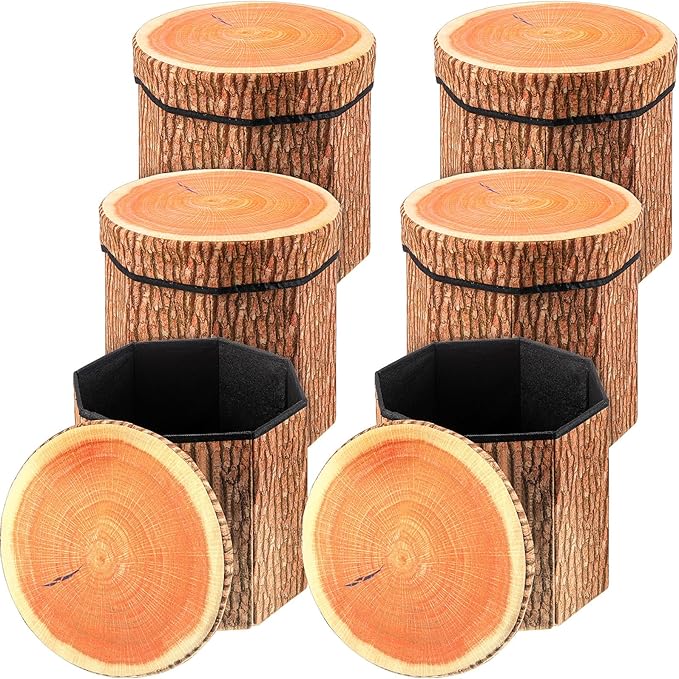Amylove 6 Pack Tree Stump Storage Stool 12 x 12 Inch Stool Ottoman, Cute Folding Storage Toy Box with Foam Cushion, Collapsible Seat Chest (Classic)