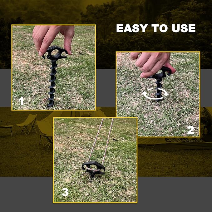COBARYEN Tent Stakes Ground Anchors Screw in, 6 Pack Sand Stakes for Beach 9.4 Inch Heavy Duty Spiral Tent Pegs for Camping, Party, Hiking, Outdoor Decoration (6, Black)