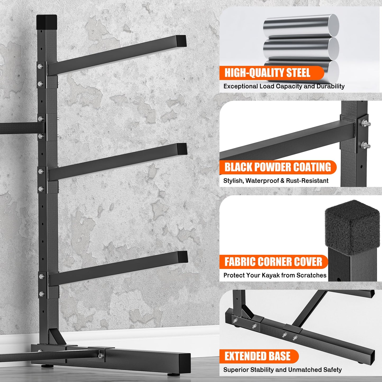 Ultrawall Kayak Storage Rack, Freestanding Kayak Rack for Garage, Adjustable Kayak Stand, Paddle Board Rack for Kayak, Canoe, Surfboard, 480lbs Capacity, Indoor & Outdoor Use, 3 Levels