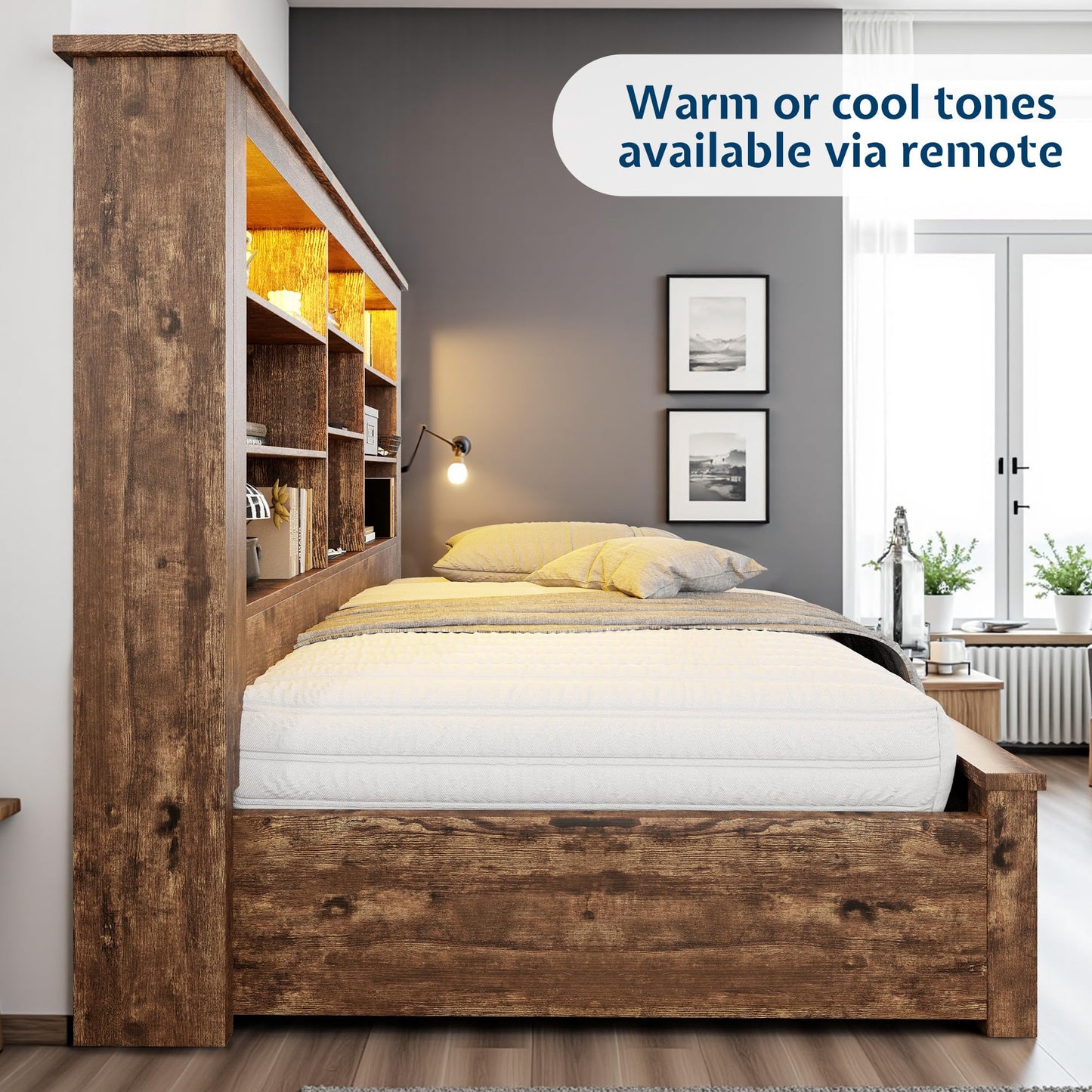 Jocisland Twin Daybed with Bookcase Headboard, USB-C Charging, RGB Lights & 3 Drawers, No Box Spring Needed, Wood Bed Frame for Teens, Dorms, Guest Room, Rustic Oak