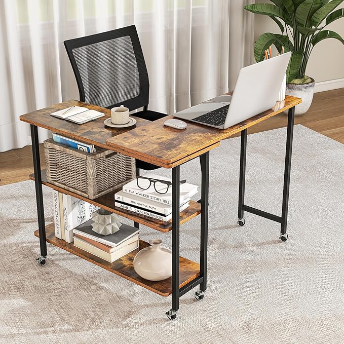 Giantex 360° Free Rotating Sofa Side Table, Mobile L-Shaped Laptop Desk with Sturdy Metal Frame, 6 Universal Casters, Movable Couch Snack Table with 2-Tier Storage Shelf for Home (Brown)