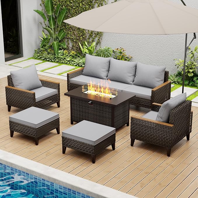 Xmkmvk 8 Piece Patio Sectional Sofa Set with 50000 BTU Fire Pit Table, All-Weather Wicker Rattan Outdoor Conversation Set, High Back, for Garden, Porch, Poolside, Gray