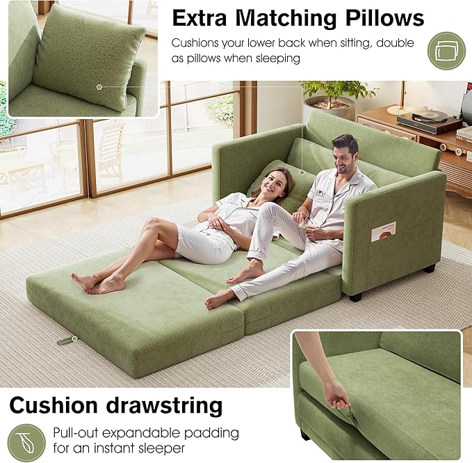 kakuboohi 51" Loveseat Sleeper Sofa Bed, Chenille Convertible Floor Sofa Bed for Small Spaces, Folding Couch Bed with Deep Seat, 2 Pillows & Solid Frame, Pull Out Floor Couch for Living Room, Green
