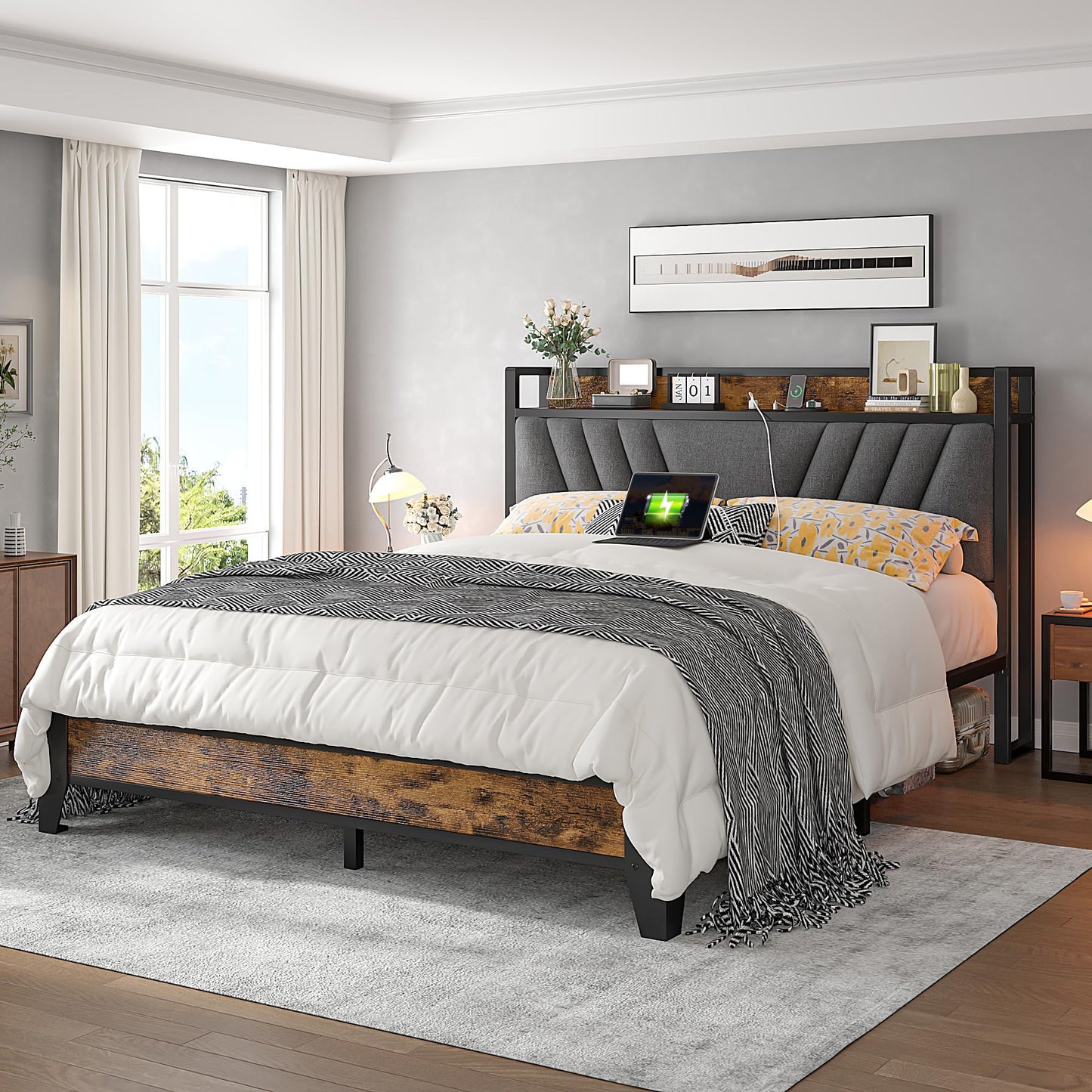 Homkdom Queen Bed Frame with Headboard, Bed Frame Queen Size with Charging Station, Metal Platform with Under Bed Storage, No Box Spring Needed, No Noise, Easy Assembly