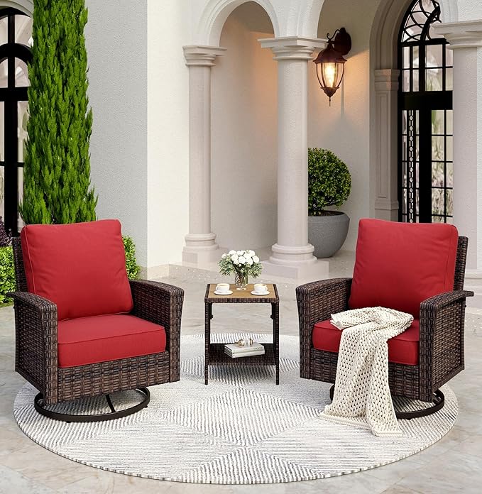 SUNSHINE VALLEY Patio Wicker Swivel Chairs Set of 2, Outdoor High Back Chairs with 5.5" Waterproof Cushions and Side Table, Outdoor Furniture Set for Deck Porch and Yard, Peacock Blue