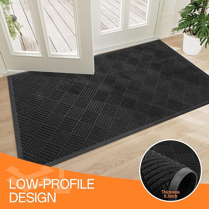 Indoor Outdoor Door Mat, 4’x 3' Doormat for Entryway, Rubber Backing Non Slip Front Door Mat Outside Entrance, Super Absorbent Commercial Floor Mat for Home Office, Black
