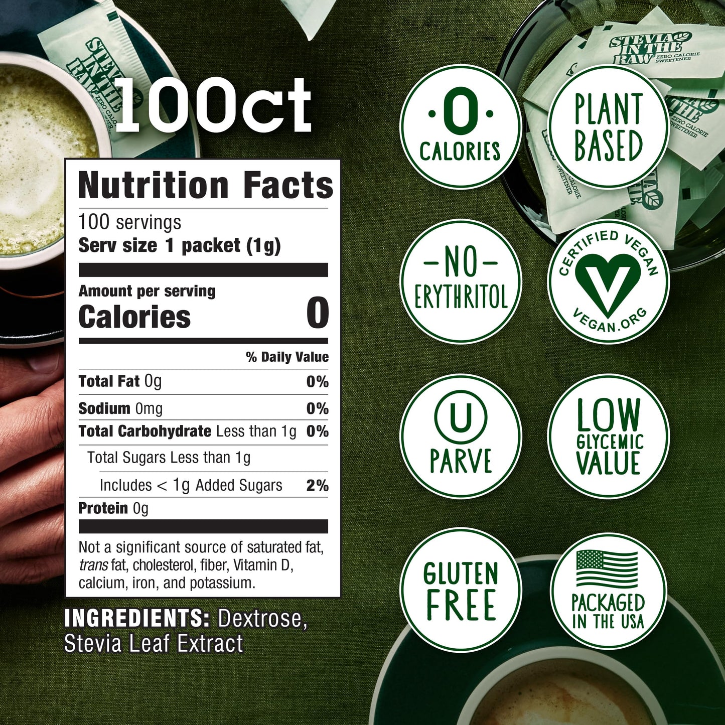 Stevia In The Raw, Plant Based Zero Calorie, No Erythritol, Sugar Substitute, Sugar-Free Sweetener for Coffee, Hot & Cold Drinks, Suitable For Diabetics, Vegan, Gluten-Free, 100Count Packets (1 Pack)