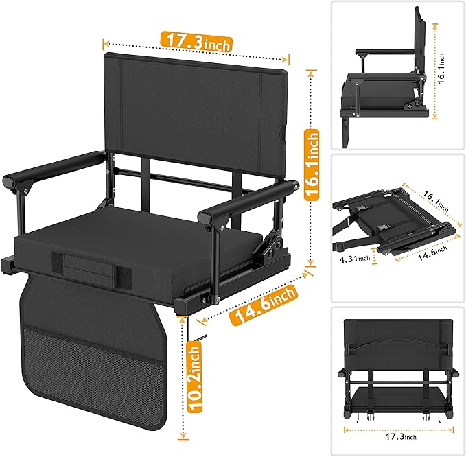 Stadium Seats for Bleachers with Back Support, 600 Lbs Rated with Lightweight Soft Comfort Cushion, Stadium Seating for Bleachers with Adjustable Back Support and Shoulder Strap (Black)